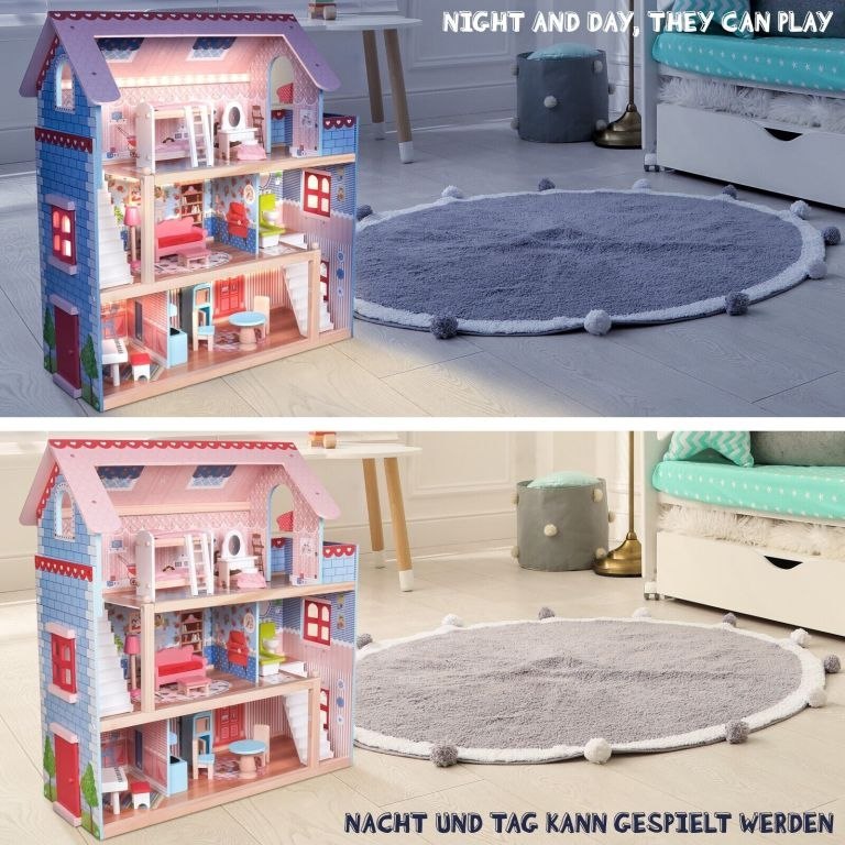 Drewniany domek dla lalek ze światłem LED, 60,5 x 71 x 32,5